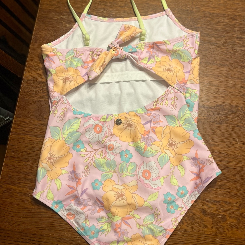 Justice Floral Girls Cute One Piece Swimsuit L 12/14 Swimwear Tie Detail at Back - Picture 11 of 11